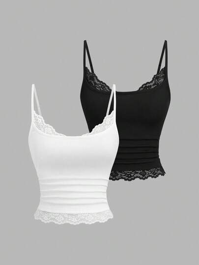 Sweetra Women's Spring/Summer American Vintage Lace Trim Patchwork Camisole Tank Top, Sexy Streetwear Slimming Top