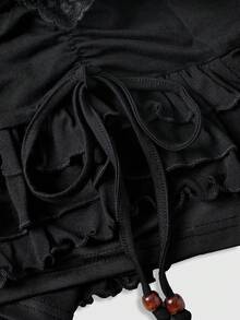 ROMWE Grunge Punk Women's Spring Break Concert, Rave Festival Low Waist Lace Trim Sexy Vintage Multi-Layer Ruffle Tiered Skort With Drawstring Bowknot - Black - View 3