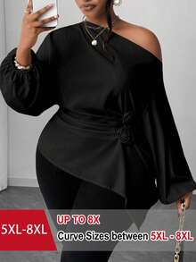 SHEIN CURVE+ Blusa elegante con hombros fruncidos con rosa, bajo asimétrico, diseño sencillo, adecuada para el trabajo, primavera/otoño/invierno, talla grande para mujer - Negro - Ver 1