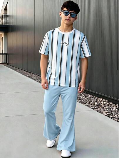 Teen Boy Casual Minimalist Short Sleeve Crew Neck Striped T-Shirt And Light Blue Flared Long Pants 2-Piece Set Suitable For Autumn Back To School Season
