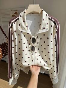 Comfortcana Plus Size Yellow Stand Collar Polka Dot Retro Sports College Sweatshirt Fall - Light Yellow - View 3