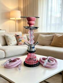 1pc Small 2 Hose Hookah Set – Glass Base Ceramic Bowl Shisha Pipe, Portable Outdoor Party Gift For Friends - Pink - View 2