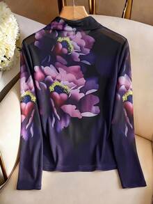 GlowEve Middle-Aged Women Spring Autumn Navy Blue Floral Pattern Elastic Mesh Long Sleeve T-Shirt Slimming Fashion Matching Casual Daily Family Birthday - Purple - View 2