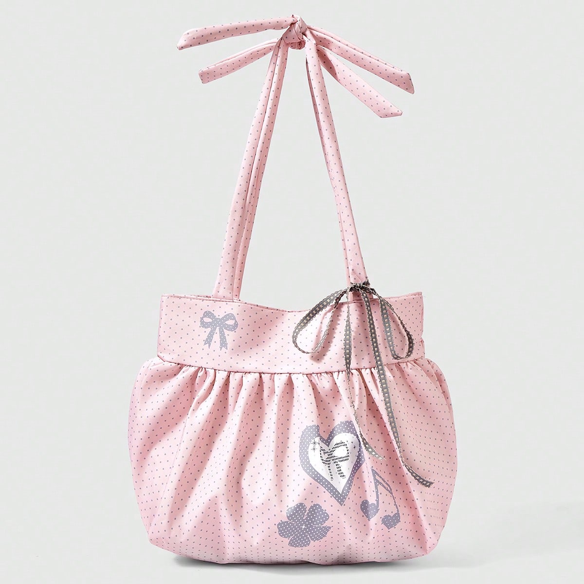 Sweet And Cute Bow Retro Love Women's Shoulder Bag Simple Polka Dots Summer Flower Notes Large Capacity Tote Bag, Suitable For Daily Commuting,
