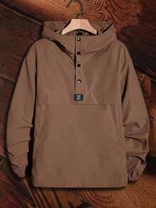 AKNOTIC Men's All-Polyester Cool Plain Weave Patch Half-Placket Letter Patch Hooded Jacket - Coffee Brown - View 2