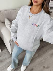 SHEIN Maternity Nursing Embroidered Long Sleeve Crew Neck Top, Casual Versatile Fall - Grey - View 8