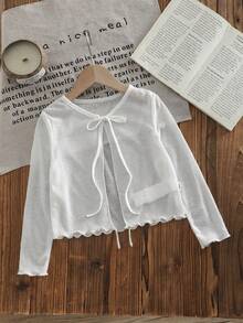 SHEIN Young Girl Young Girl White Knit Winter Cardigan With Frill Trim Autumn - White - View 2
