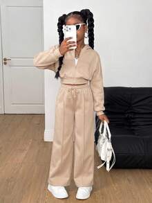 SHEIN 青少年女孩秋季兩件套長袖連帽衫 + 寬腿運動長褲休閒套裝，適合日常穿著與街頭穿搭，舒適 - 棕色 - 查看 6