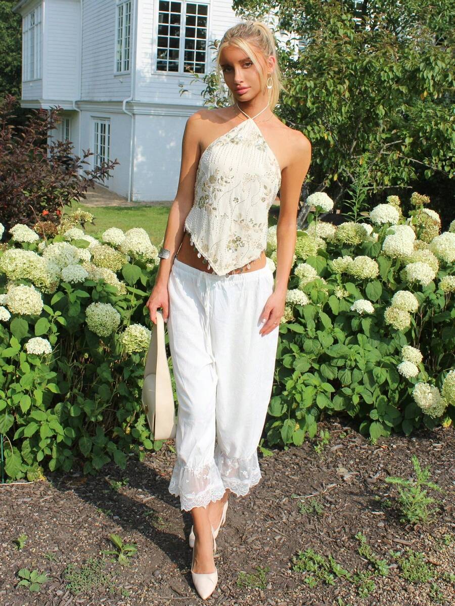 Sydney Algeri Women Summer Hawaii Beach Going Out Bloomers White Linen Pants - White - View 1