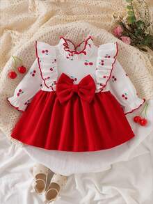 SHEIN Playful Pals Newborn Girls Knitted Ribbed White Ruffle Lace Large Trim Patchwork Waist-Cinched Textured Fabric Dress, Sweet Cute Casual Spring Dress For Kids - Red - View 3