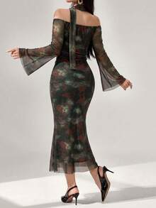 Modelyn New Chinese Style Off-Shoulder Mesh Dress, Dark Green & Red Flocked Ditsy Floral, Slim Fit Waist, Mermaid Tail Long Dress With Neck Ribbon - Dark Green - View 2