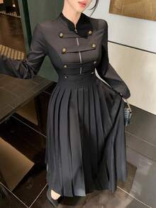 Joudiya Vestido largo elegante para mujer de estilo militar, negro, de otoño, con cuello alto pequeño, manga larga, doble botonadura con botones metálicos, falda plisada completa y cintura ceñida, ideal para ir a la oficina y citas - Negro - Ver 1