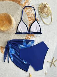 SHEIN 2pcs Tween Girl Bikini Sets Light Color Lily Flower Swimwear Adjustable Straps Conservative Comfortable Anti-Exposure Summer Simple Fashion Cute French Vacation Passionate Hawaiian Style Suitable For Holiday Suitable For New Year Suitable For Spring Break Suitable For Beach Suitable For Seaside - Navy Blue - View 2