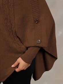 Linhara CURVE 女款純色針織鈕扣高領蝙蝠袖長袖披肩式修身優雅秋冬毛衣 - 咖啡棕 - 查看 7