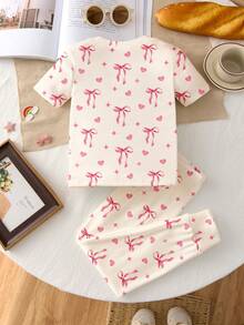 TweenGirl 休閒極簡甜美蝴蝶結印花修身舒適圓領短袖上衣與長褲家居服，適合秋季，貼身剪裁，新品，新季節，甜美少女風，聖誕節，情人節 - 彩色 - 查看 4