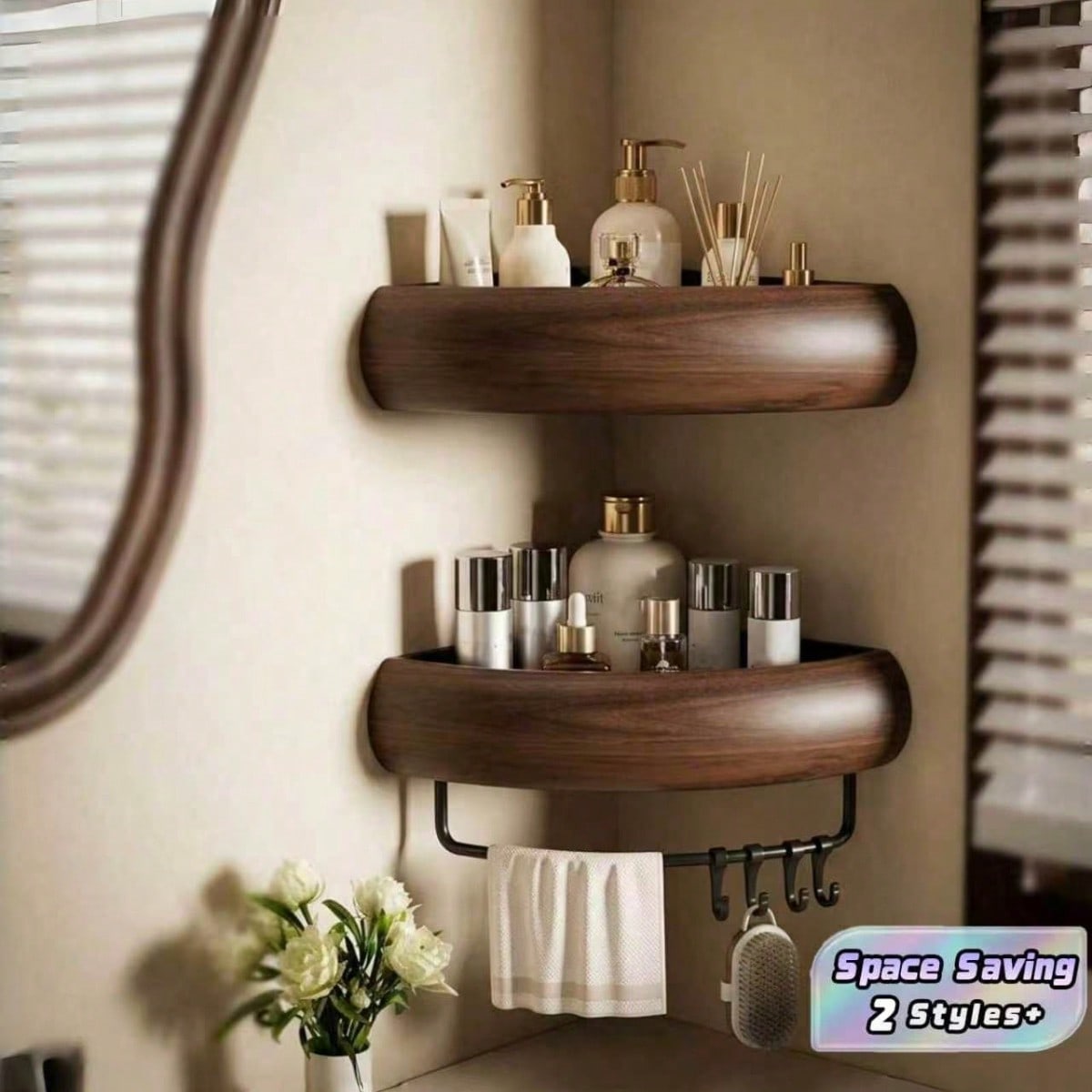 1PC No-Drill Wall-Mounted Triangular Storage Rack, Imitation Walnut Wood Waterproof Bathroom Triangular Storage Rack, Multifunctional Home Kitchen Space Saving