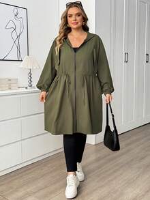 SHEIN CURVE+ 大尺碼純色連帽拉鍊休閒長袖夾克，2026 秋冬 22W - 綠色 - 查看 7