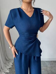 Elenzga 女款優雅海軍藍夏季辦公兩件套，V領收腰不對稱下擺金屬鈕扣短袖上衣與直筒長褲，適合派對 - 藍色 - 查看 4