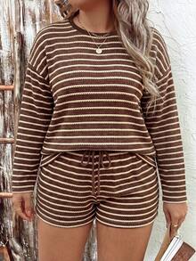 SHEIN LUNE 女款秋冬新款熱銷拼色條紋印花休閒百搭大尺碼兩件套 - 彩色 - 查看 3