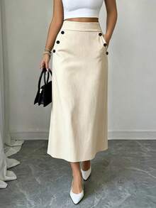 GlowEve Women's Solid Color High Waist Button Design Pocket Casual Skirt - Apricot - View 3