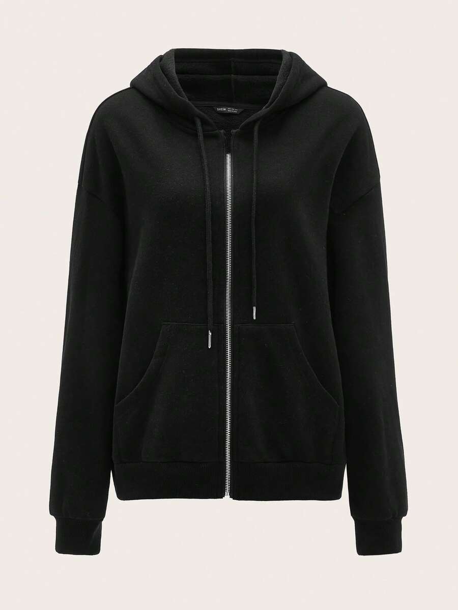 SHEIN BASICS Cozy Fleece Drop Shoulder Zipper Up Hooded Sweatshirt,Long Sleeve Tops In Fall Winter Clothes