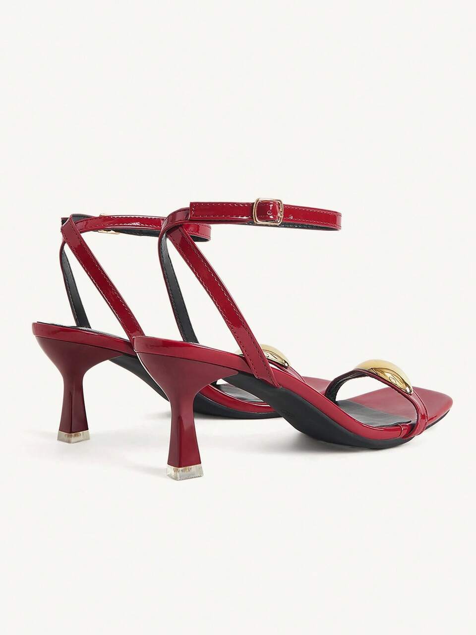 CUCCOO CHICEST Rear Cross Strap Metal Accessories Open-Toed Square Toe Stiletto Fashion Commuter Burgundy PU Leather Ladies High Heel Sandals Dating Vacation