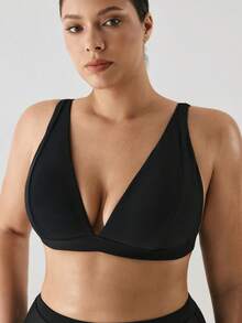 YARNWELL Plus Size Women's Solid Color Bikini Swimwear Top, Suitable For Summer Vacation And Beach - Black - View 5