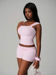 Nooralise Women's Coquette Pink Cami Top - Lace Trim Sweetheart Neck Ruched Tank Top With Bow - Pink - View 7