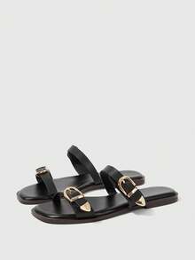 Sleekvia Ladies Comfortable Flat Wear-Resistant Versatile Metal Outdoor Flip-Flops Slippers - Black - View 9