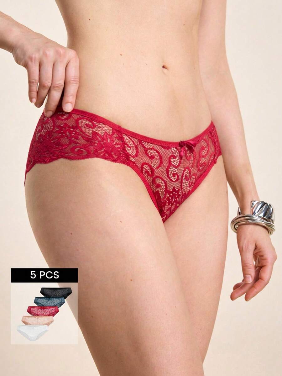Hourtrue 5pcs Sexy Hollow Out Low Waist Lace Triangle Panties Set Sexy Lingerie - Multicolor - View 1