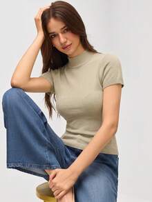 SHEIN Orluneo 女士半高领修身短袖纯色针织上衣，秋冬 - 駝色 - 查看 7