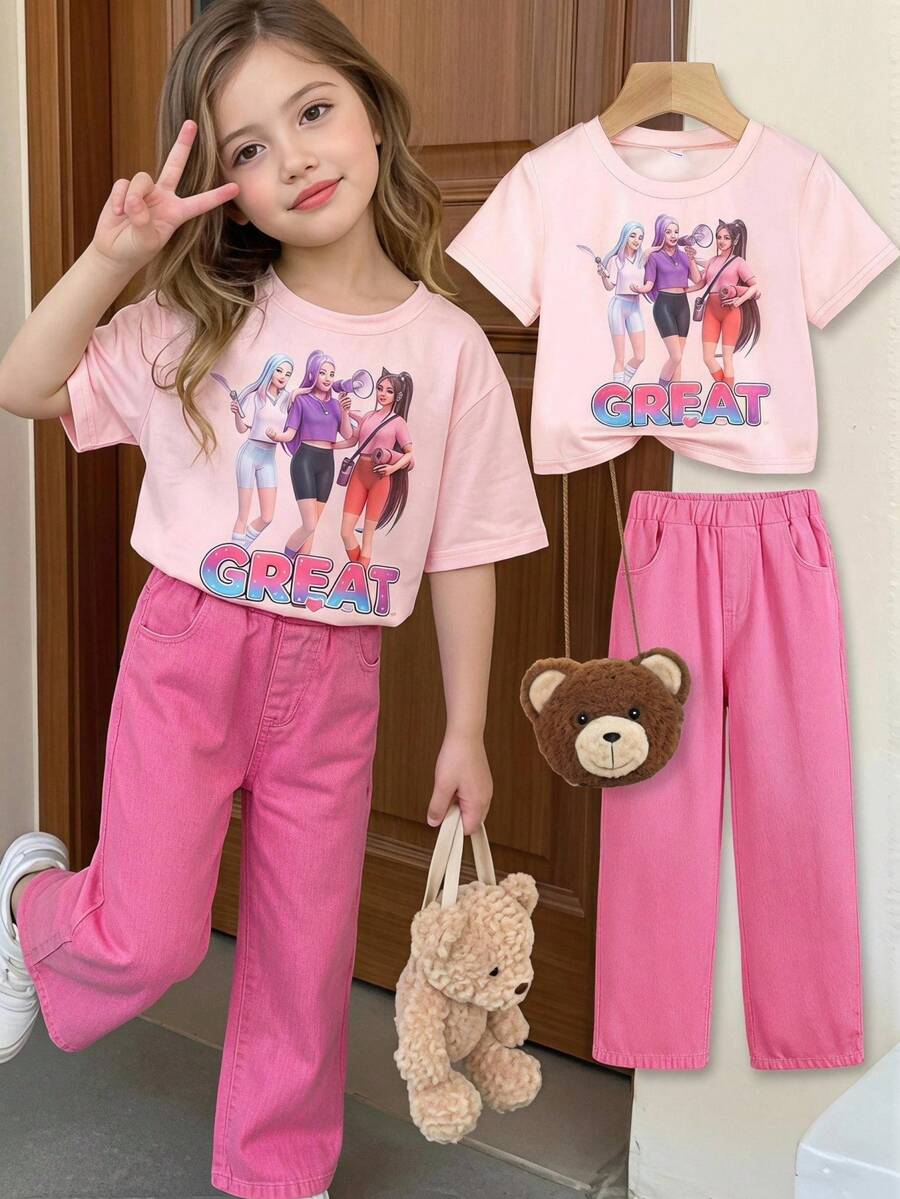Elladie kids 2件組少女夏季新款酷女孩風粉色卡通動漫短袖T恤與粉色多色水洗休閒寬鬆多口袋設計工裝牛仔褲套裝，適合街頭風、日常出遊、派對、音樂節、慶典、返校、春夏季出遊