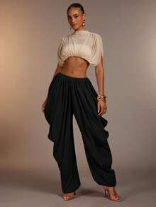 Hauture Women's Summer Casual Vacation Loose Pleated Wide Leg Pants - Black - View 1