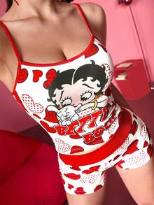 Betty Boop x SHEIN Women's White Camisole Top & Shorts Two Pieces Set, Workout Sets, Red Two Pieces Set, Heart Pattern, Polka Dot Pattern, Retro Girl Pattern, Cartoon, And Casual, Versatile, Daily, Summer - Red - View 4