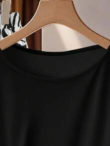 SHEIN Clasi 女款夏季咖啡色印花休閒舒適長褲套裝 - 黑色 - 查看 5
