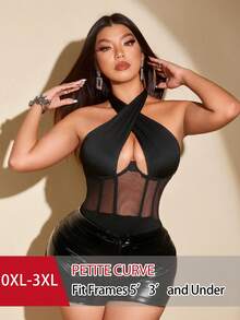 SHEIN PETITE CURVE 大码女式春夏黑色蕾丝性感镂空弹力休闲法式针织百搭舒适叠穿上衣，优雅性感年轻女士服装 - 黑色 - 查看 1