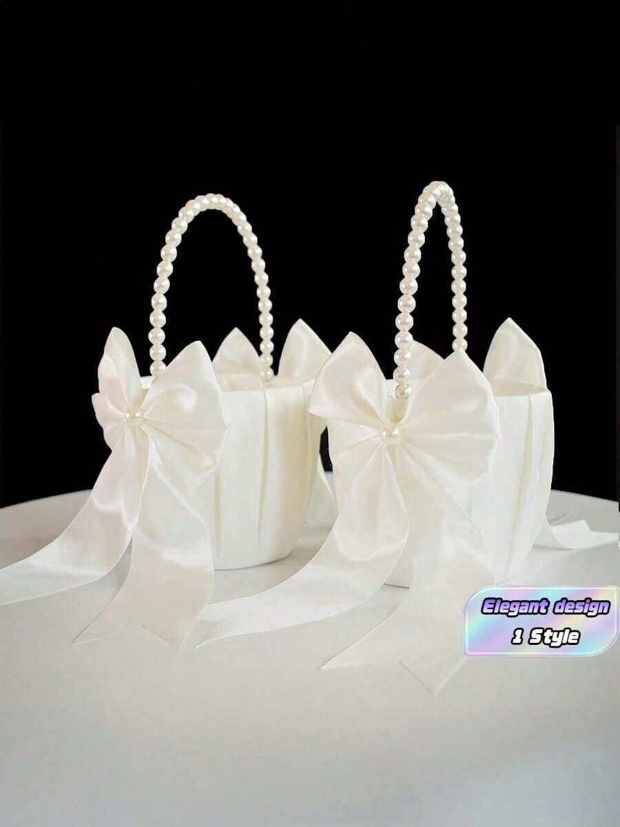 Floral Basket For The Bride At Wedding, Set Of 2 With Beautiful Pearl Handle And Satin Tulle, Suitable For Wedding Parties, Ivory Color - Pearl Bow Flower Basket - View 1