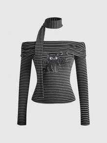 ROMWE Y2K Syal Rajut Garis-Garis Hitam Putih Model Off-Shoulder dengan Motif Kucing, Kaos Wanita, Gaya Goth Streetwear untuk Malam Halloween dan Musim Gugur - Dark Grey - View 1