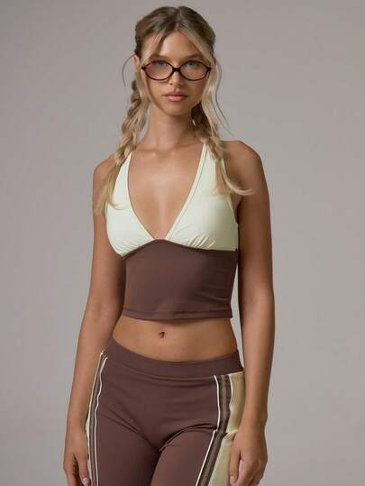 Musera Sport Lime Green Colour Blocked Ruched Plunge Front Cinched Waist Cutout Racerback Active Coord Tank