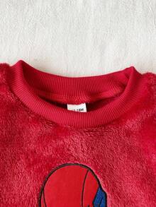 SHEIN Playful Pals 2件組男嬰秋冬抓絨布卡通刺繡圖案圓領長袖純色長褲，極簡風適合外出、休閒、日常運動 - 酒紅色 - 查看 5