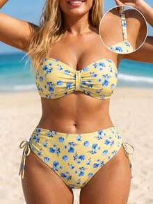 Swim Lushoire Set Bikini Bandeau Wanita Ukuran Plus Terbaru Musim Panas 2026 dengan Motif Manis dan Lucu, 2 Potong, Dilengkapi Bawahan Segitiga Berpinggang Tinggi dan Detail Kerut di Samping. - Kuning - View 1