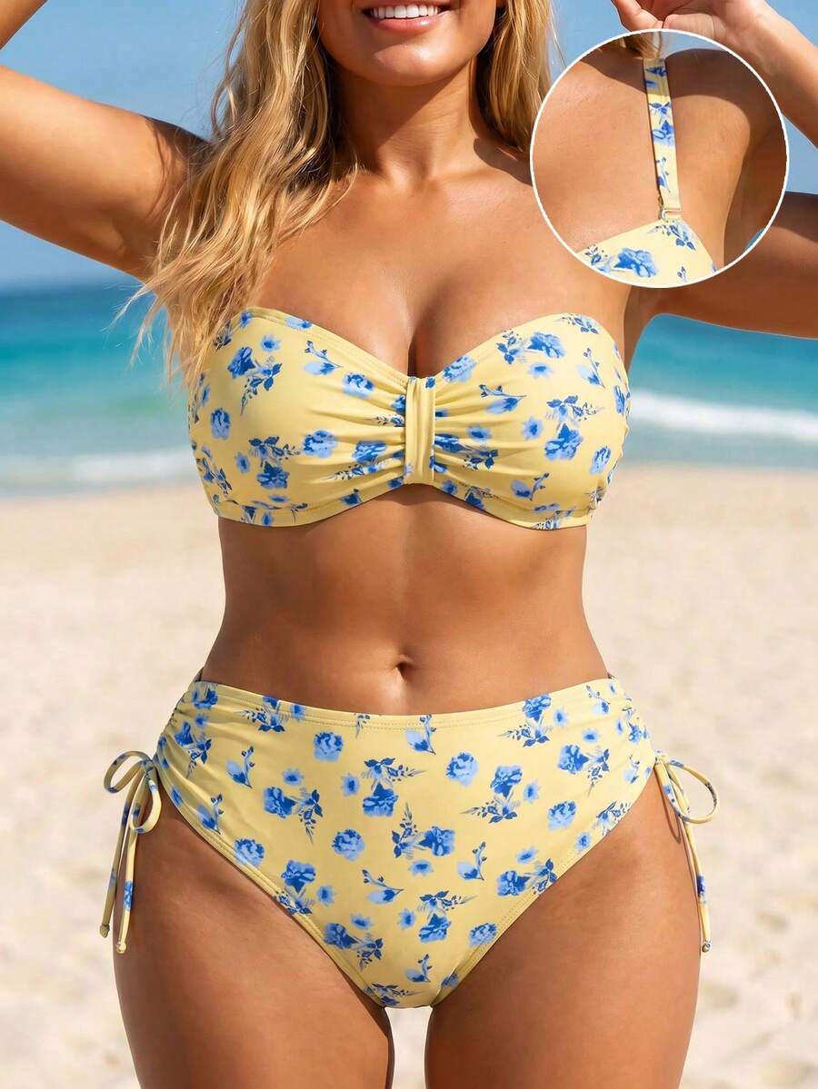 Swim Lushoire Set Bikini Bandeau Wanita Ukuran Plus Terbaru Musim Panas 2026 dengan Motif Manis dan Lucu, 2 Potong, Dilengkapi Bawahan Segitiga Berpinggang Tinggi dan Detail Kerut di Samping. - Kuning - View 1