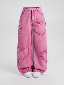 SHEIN MOD 大尺碼休閒甜美風粉色直筒牛仔褲，100%純棉 - 粉色 - 查看 1