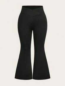 SHEIN PETITE CURVE 大尺碼純色極簡交叉腰喇叭褲 - 黑色 - 查看 3