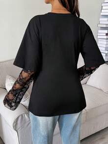 SHEIN Kaos Hamil Motif Renda Patchwork 2 in 1 untuk Musim Gugur - Hitam - View 2