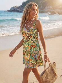 Sylviya Spaghetti Strap Vacation Floral Print Mini Dress For Women Summer Dresses For Women Women Mini Dresses Beach Dresses For Women Sun Dresses For Women Women Mini Dresses,Vacation,Beach Outfit For Women - Green - View 2
