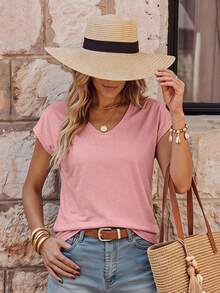 EMERY ROSE Women's Solid Color V-Neck T-Shirt - Pink - View 1