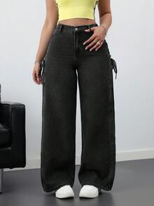 SHEIN ICON 女款休閒寬鬆牛仔褲，蝴蝶結裝飾，黑色秋季款 - 黑色 - 查看 9