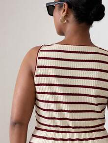ELLERISSA Plus Size Beige & Red Stripe Round Neck Sleeveless Front Button Waffle Knit Mini Dress - Red - View 2