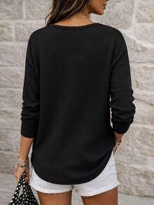 EMERY ROSE Women's Solid Color Zipper Half-Placket Long Sleeve Knit T-Shirt - Black - View 2